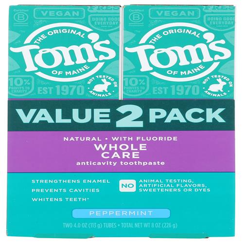 Toms Of Maine Whole Care Natural Toothpaste With Fluoride, Peppermint, 4 Oz. 2-Pack (Packaging May Vary)